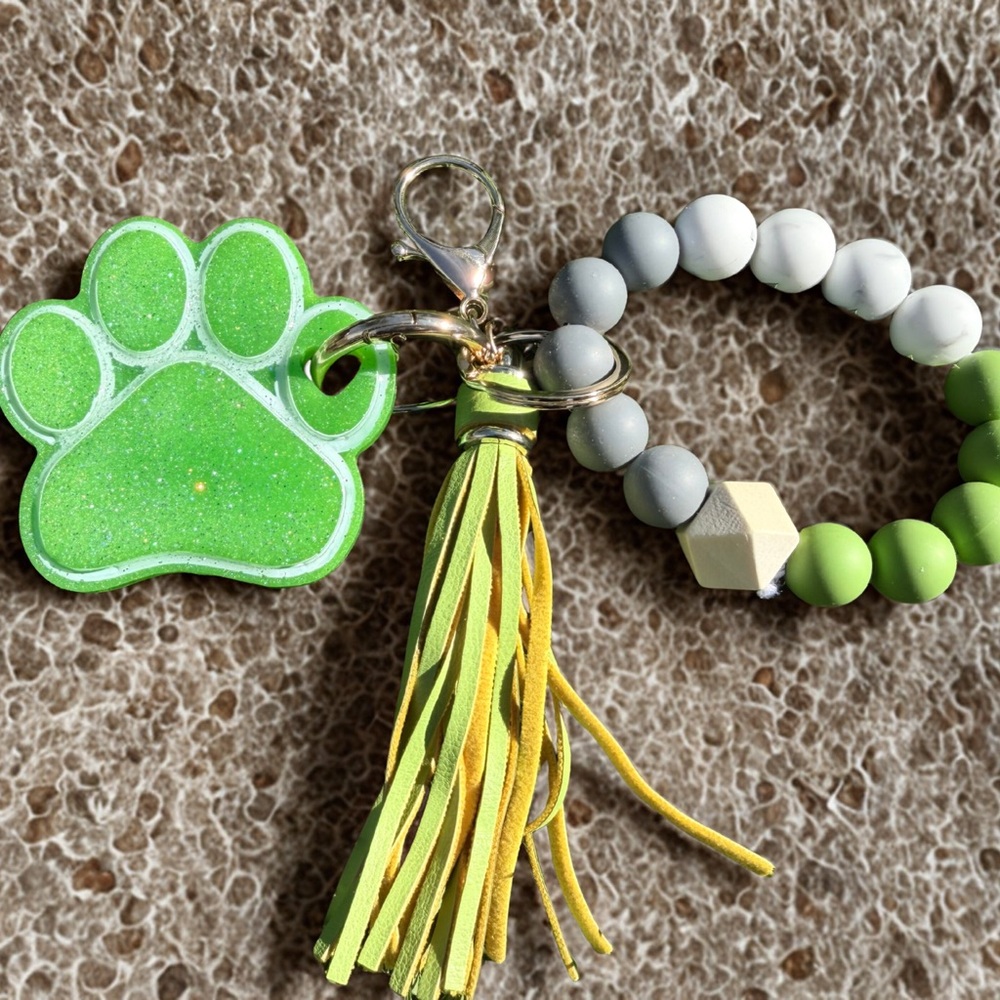 Vibrant Green Paw Print Keychain with Tassel